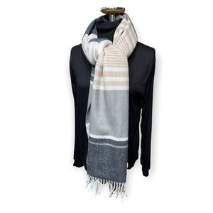 Calvin Klein Scarf wrap grey ivory beige striped 76 x 24 + fringe soft NWT